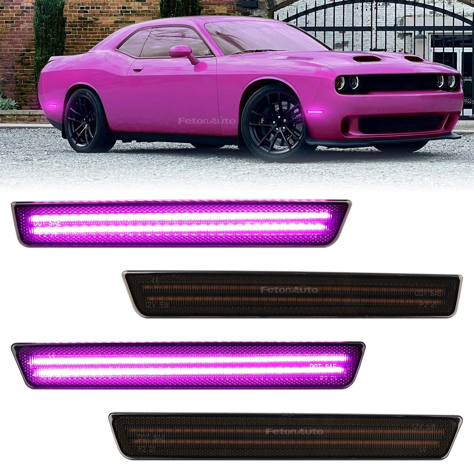 4pcs Pink Purple Lights LED Side Marker Light Front and Rear Bumper Turn Signal Light Indicator for 2015-2023 Dodge Challenger