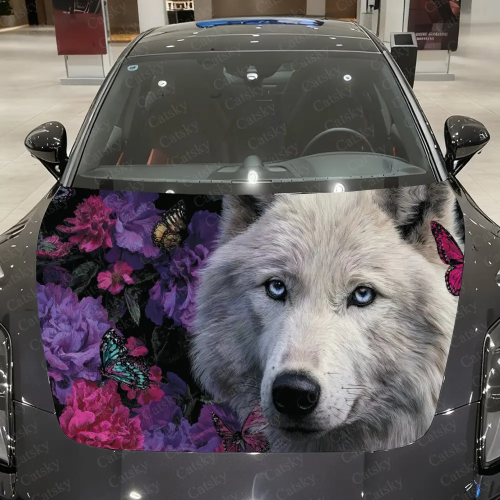 Wolf & Purple Flower-Butterfly Car Vinyl Wrap, PVC Waterproof Car Hood Sticker, Self-Adhesive Scratch-Resistant Stickers