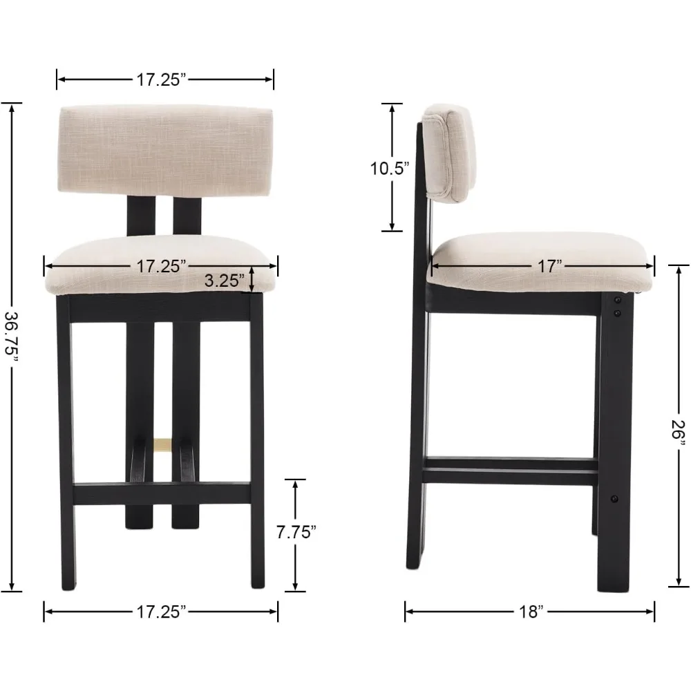 26 Counter Stools Set of 2 Counter Height Bar Stools with Back and Black Solid Wood Legs Modern Farmhouse Linen Upholstered Kitc
