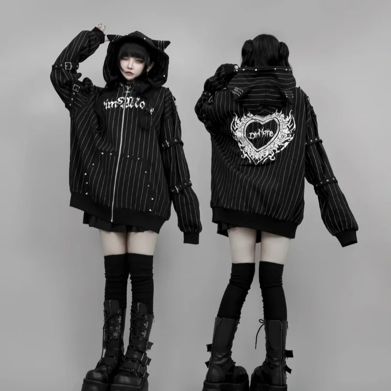 Autumn American Vintage Y2K Punk Coat Women Zipper Striped Loose Cat Ear Hoodie Subculture Heavy Craft Street Style Sweatshirt