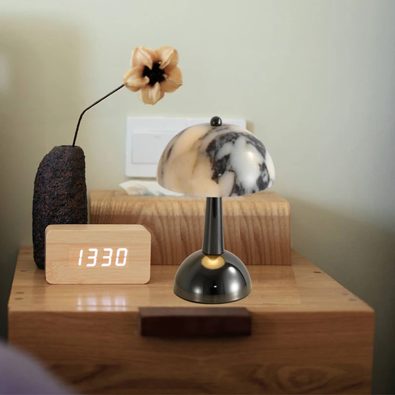 新スタイル LED ナイトライト天然大理石ブラックメタル充電タッチスイッチアールデコ調の雰囲気ランプ寝室パーラーホテルギフト