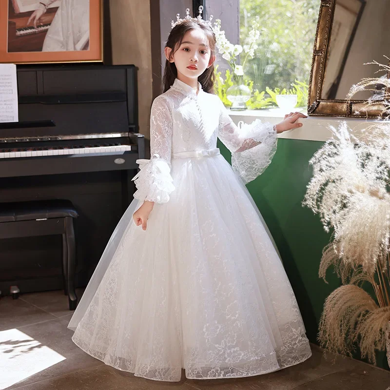 Kids Dresses For birthday Party Wedding costume Lace white pearl Beading Long sleeved Children Pageant Gown Girls Princess Dress