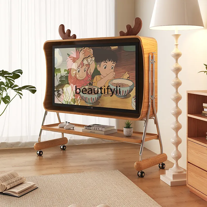 Small Apartment Living Room Bedroom 43/55/65-Inch Retro Floor Movable High-Leg TV Cabinet