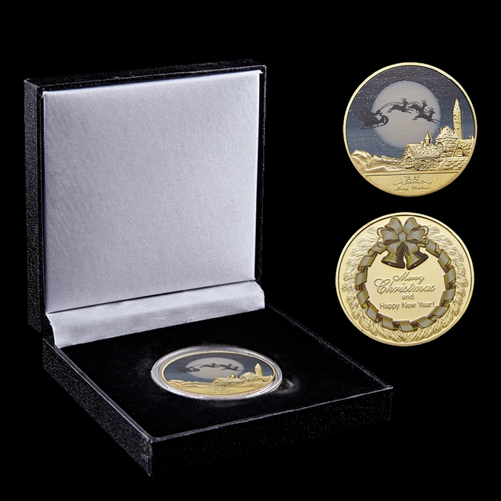 Merry Christmas Santa Claus Deer Gold Plated Commemorative Toen Value Coin W/ Luxury Box