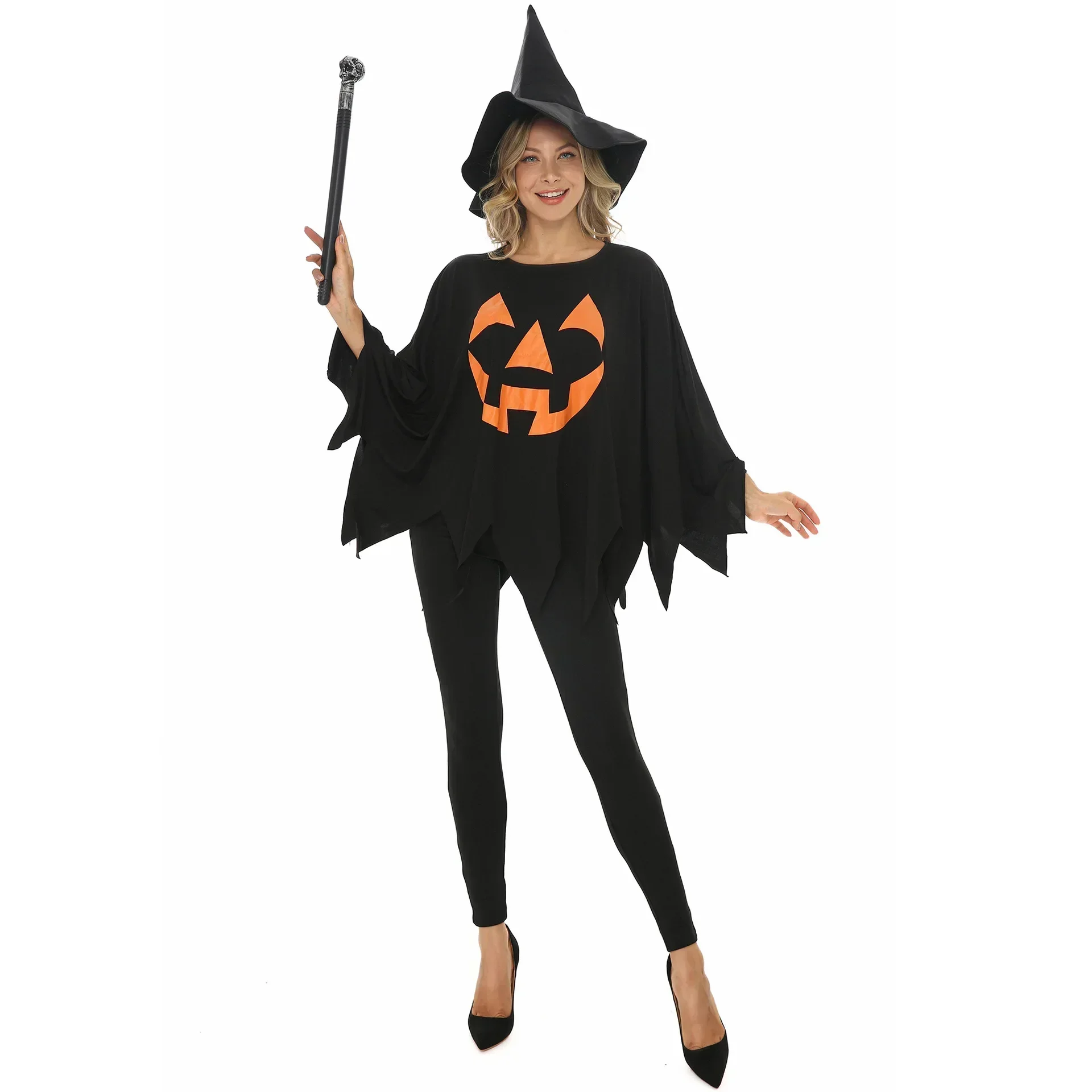 

Carnival Party Halloween Witch Costume with Pointed Hat Fantasia Scary Wizard Cosplay for Women Adult