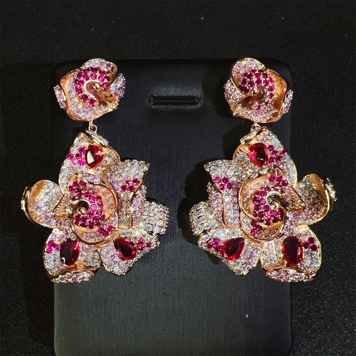 

New bright three-dimensional rose red flower earrings summer luminous ladies zirconia jewellery set party prom wedding E72