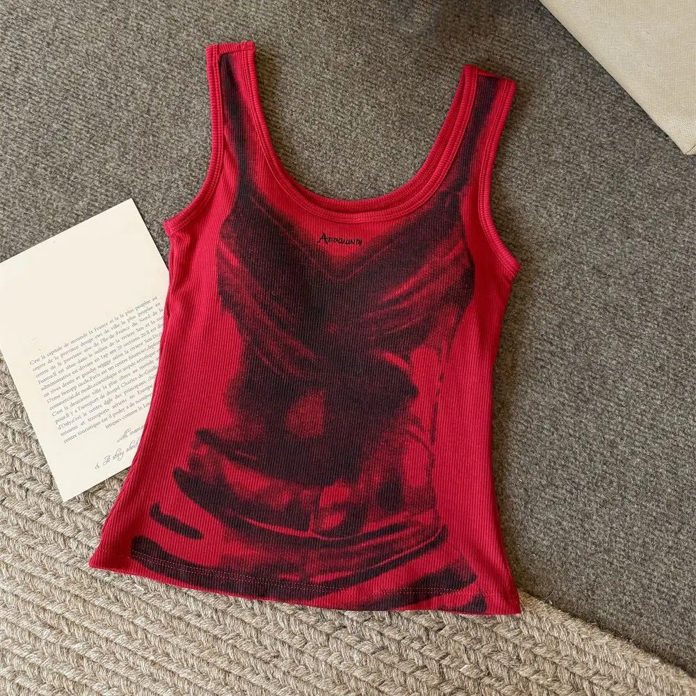 インスタイルアメリカンスタイル絞り染めキャミソールノースリーブ Y2k ガールズスリムクロップトップレトロキャミソール胸付き春夏