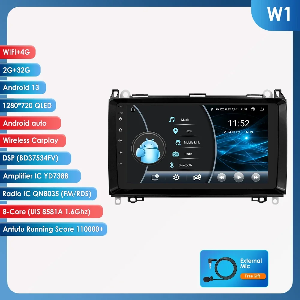 9 "4G 8Core Android 13 Autoradio Voor Mercedes Benz W169 W245 W639 Vito Viano W906 Multimedia Speler Stereo Carplay Bt Swc Wifi