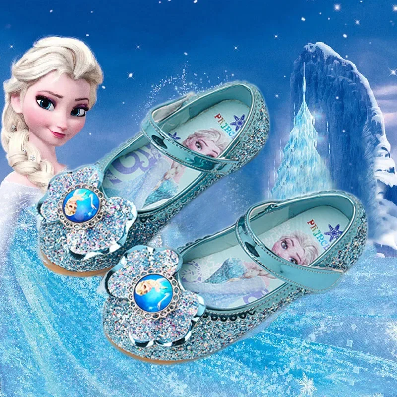 

Disney Frozen Princess Elsa Cartoon Soft Sole Sandals Baby Girl Princess Shoes Crystal Shoes Children Flat Girl Leather Shoes