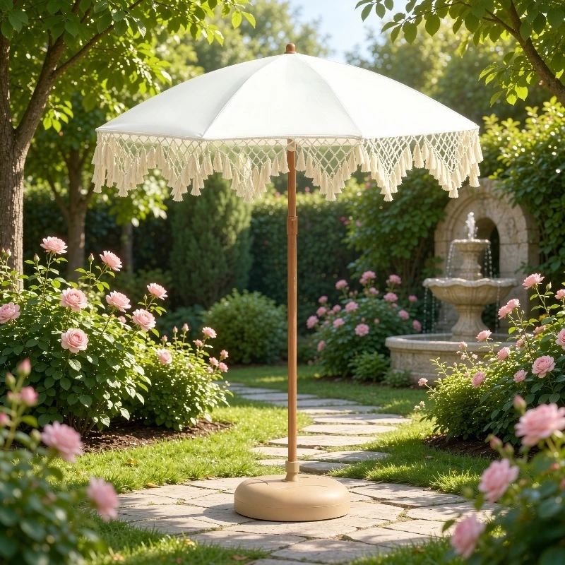 Modern Beach Umbrella With German Beech Handle Tassel Trim 190T Artificial Woven Canopy 8K Ribs For Homestay Decor