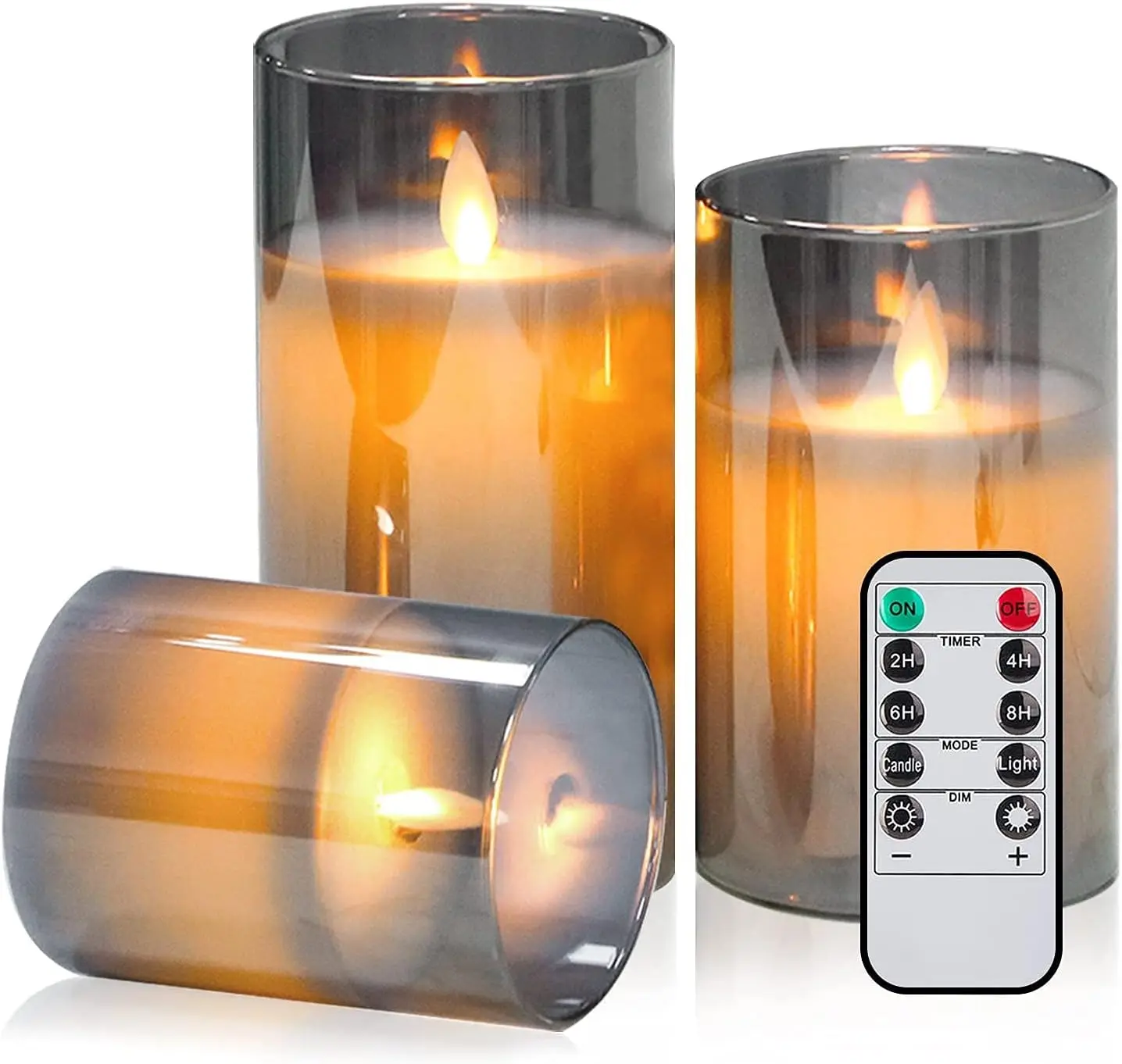 3Pcs LED Candle Light Gray Candle Cylindrical Glass Flashing Warm Light Electronic Remote Control Candle Gift Flameless Light