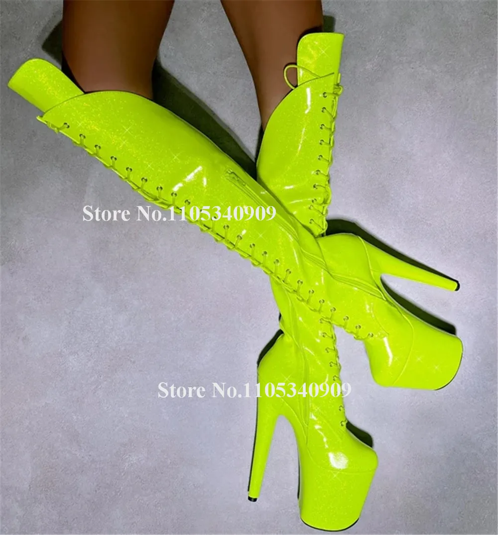 Bondarenko Sexy Fluorescent Yellow Super High Platform Thin Heel Over Knee Boots Round Toe Lace-up Back Cut-out Long Boots