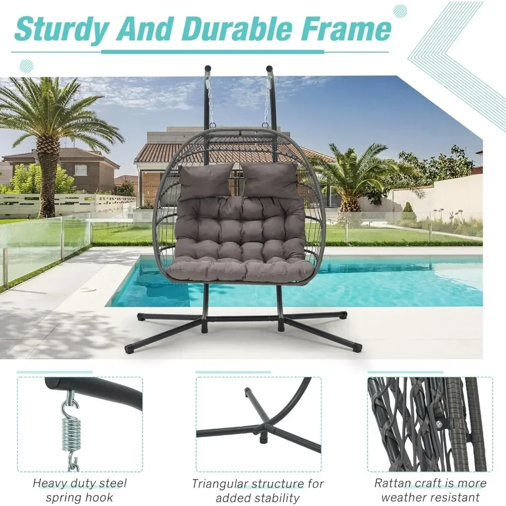 Double Rattan Swing Egg Chair com bolsos laterais, Cadeira suspensa com suporte, Cadeiras ao ar livre e internas