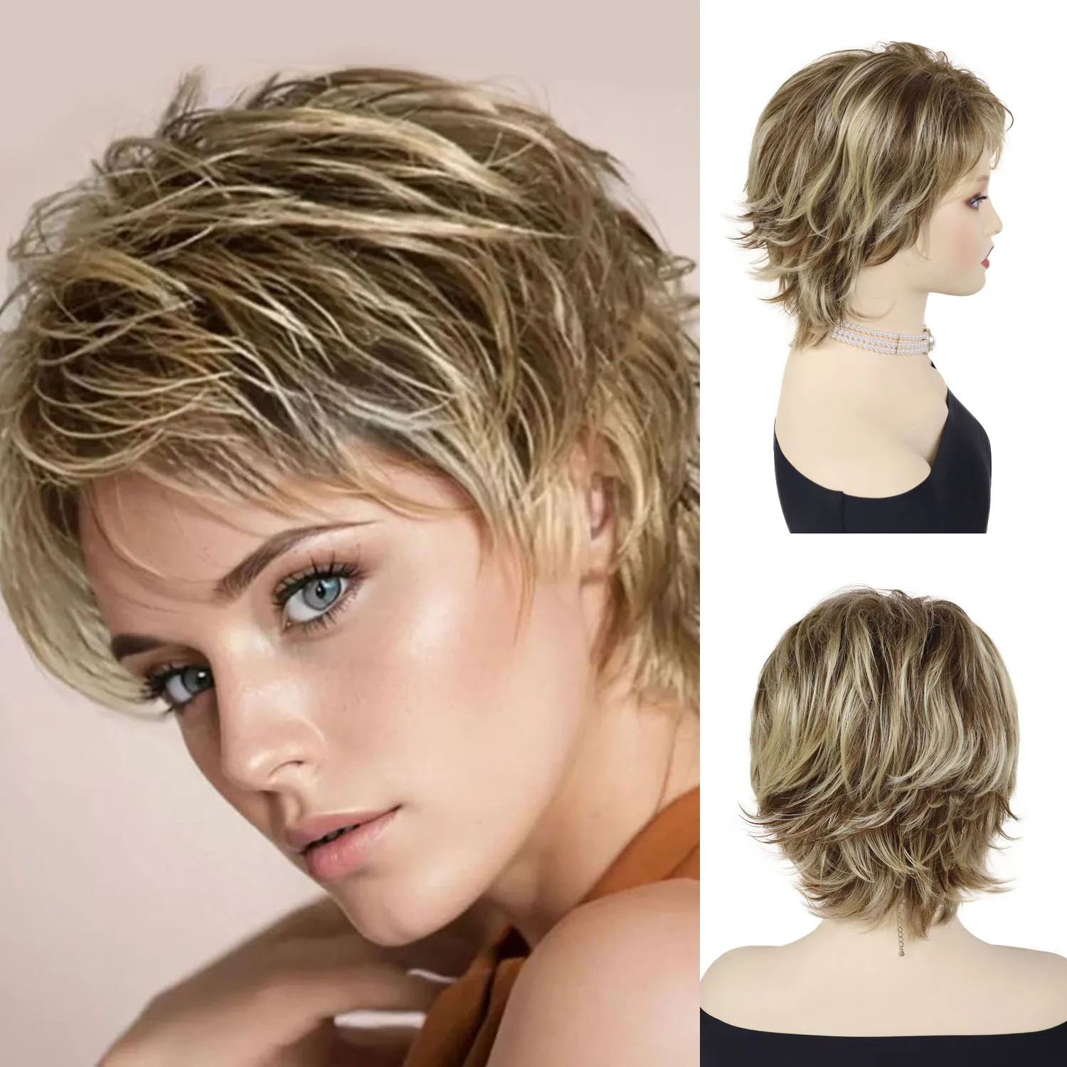 

Women's Fashion Short Wigs Natural Synthetic Hair Mixed Blonde Pixie Cut Layered Wig with Bangs Heat Resistant Daily Party Use