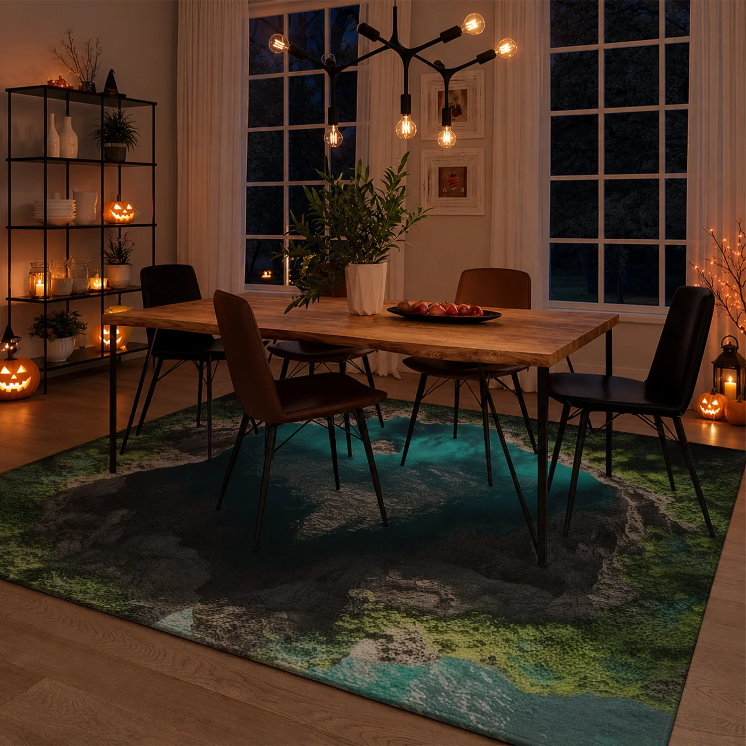 Large Indoor Area Rug, Soft Velvet Low Pile with Non-Slip Dotted Backing, Machine Washable, Coastal Turquoise Lagoon Green Rocky Scenery for Living Room Bedroom Decor