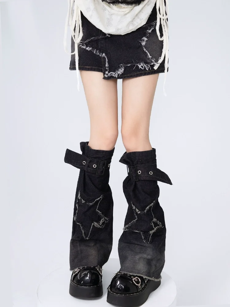 Penutup Kaki Gaya Y2K Subkultur Kotak-kotak Hitam dan Merah, Desain Ritsleting, Gaya JK Denim Rock Punk, untuk Wanita Trendi dan Keren