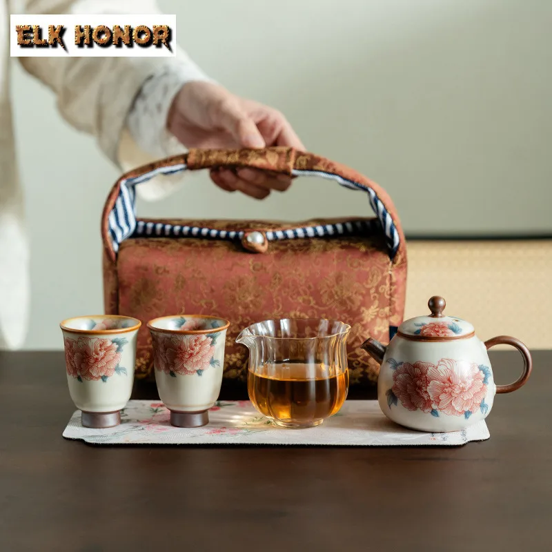 

Ru Kiln Hibiscus Flower Travel Tea Set Kit Boutique Tea Tools Set 1 Pot Cups Tea Brewing Organizer Portable Picnic Stock Bags