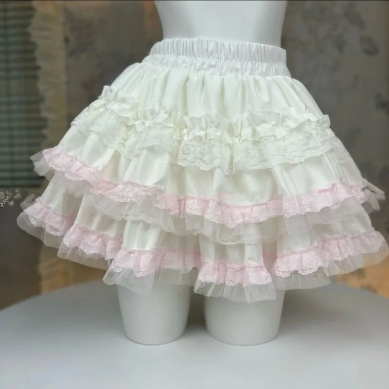

Sweet Pink Lace Ruched Cake Skirt for Women 2025 Summer New Lolita Skirt for Women Y2k High Waist Harajuku Faldas Mujer