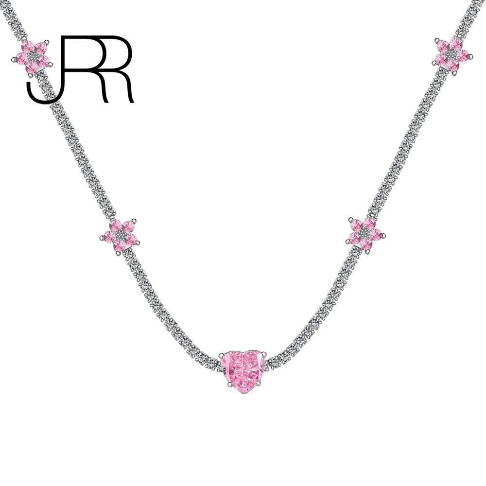 

JRR 925 Sterling Silver 8*8mm Heart Cut Flower Diamond Pink Gemstone Tennis Chian Necklace for Women Fine Jewelry Free Shipping