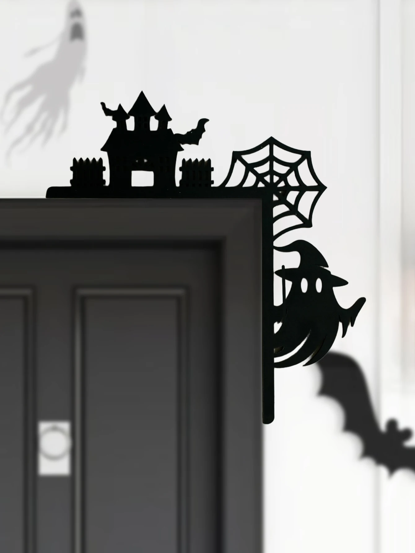 Wooden Halloween Door Corner Decor, Gothic Haunted House, Ghost & Spider Web Design, Black Wall Hanging Ornament for Home Party