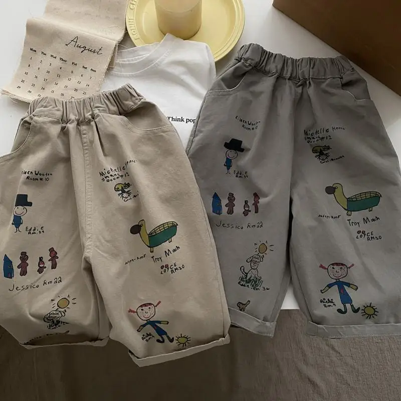 Japan Korean Children Clothes Boy Kids Fashion Trousers Spring Autumn  Baby Pocket Ankle Length Loose Girl Cartoon Casual Pants