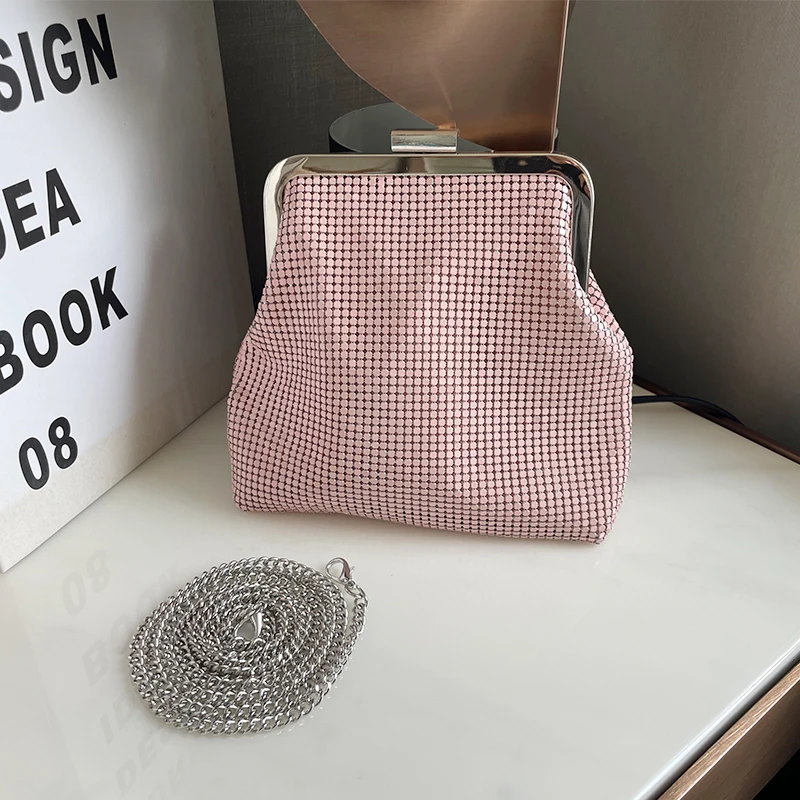 Fashion Pink Evening Small Clutch Handbags Desinger Purses for Women Metal Mesh Mini Crossbody Money Bag