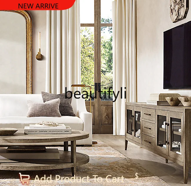 

American Country Style Solid Wood Round Coffee Table Vintage Round Tea Table for Home Small Apartment Coffee Table Living Room G