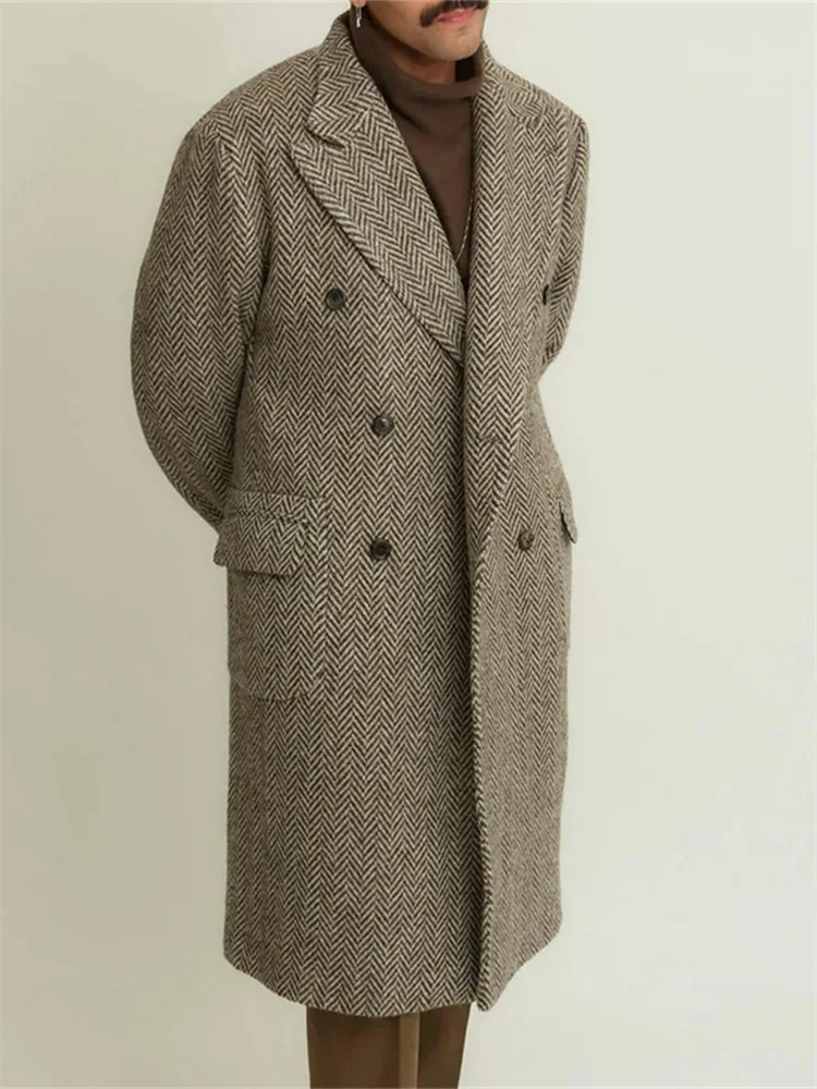 سترة كلاسيكية متعرجة طويلة من مزيج الصوف عالية الجودة من التويد بدلة رجالية فاخرة مزدوجة الصدر سترة رجالية أنيقة للشتاء الدافئ #5