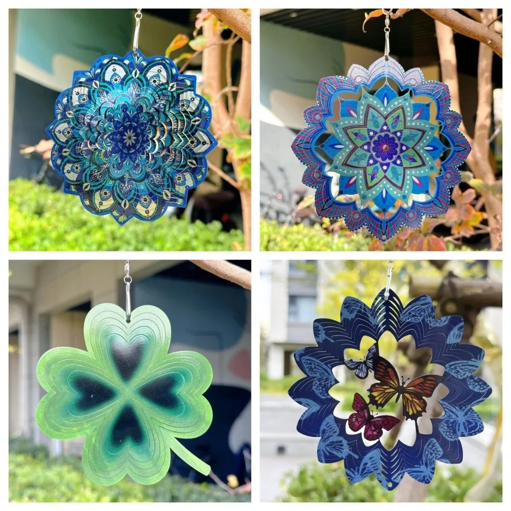 Funny 3D Mandala Wind Chime Butterfly Four-leaf Clover Rotating Pendant Stainless Steel Hanging Wind Spinner Garden Decoration