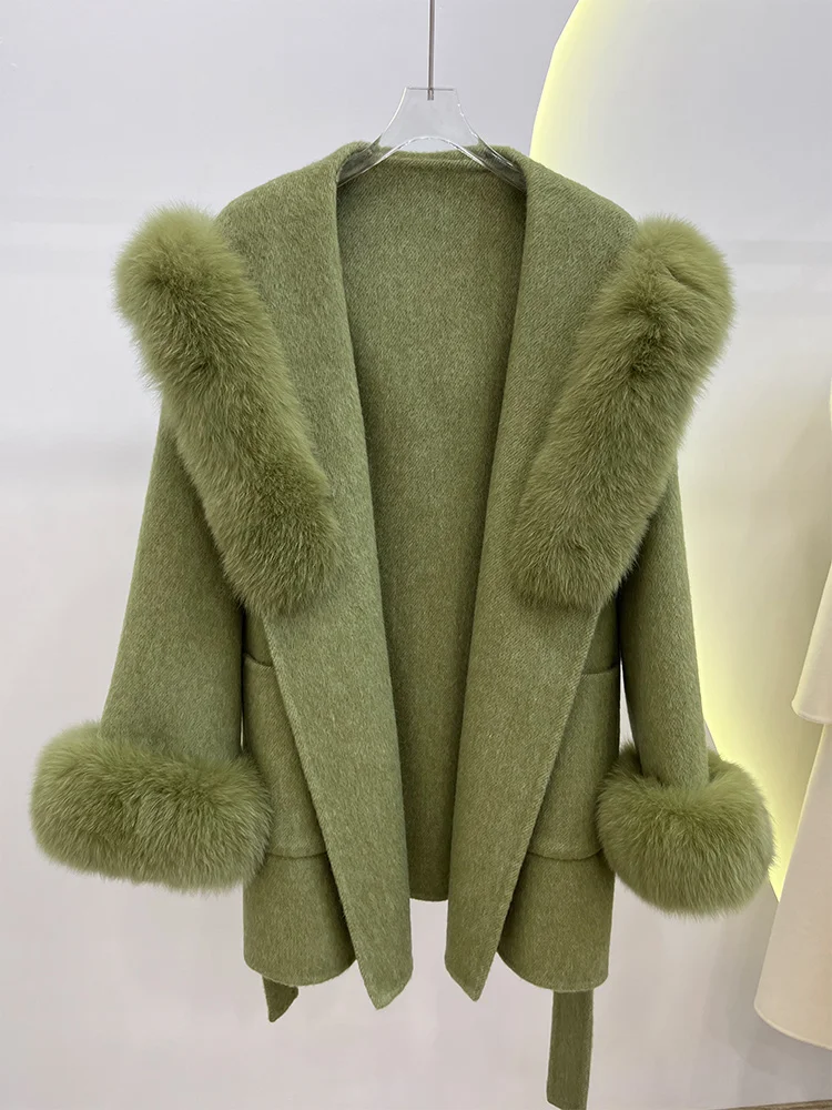 2025 Winter Women Natural Fox Fur Collar Hooded Wool Woolen Jacket Cashmere Belt Coat Real Fur Ladies Outerwear Coat