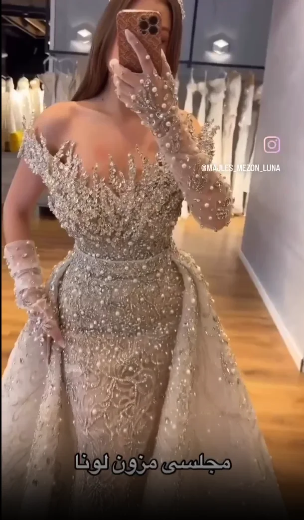 Customized Crystals Champagne Arabic Dubai Long Evening Dresses Robe De Soiree Wedding Party Engagement Gowns 2 IN 1 Prom Dress