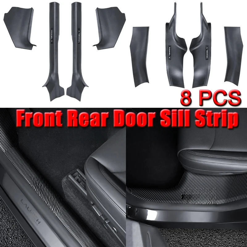 High Quality 8PCS ABS Carbon Fiber Pattern Front Rear Door Sill Protector Threshold Strip For Model Y Juniper 2025