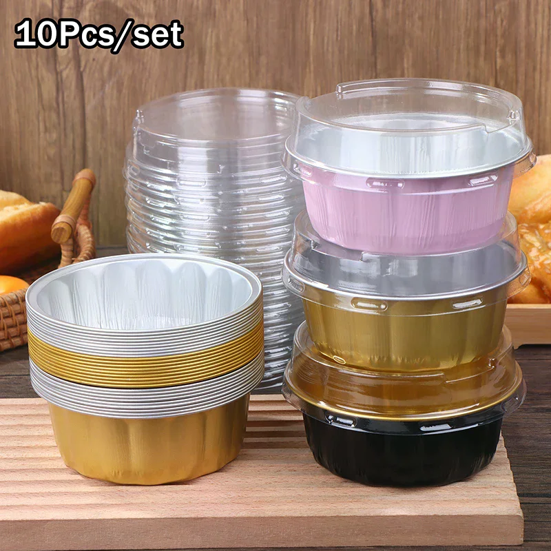 

10Set Aluminum Foil Cake Container 250ml Cake Pans Liners With Lids Heat-Resistant Foil Baking Cups Cake Pan Kitchen Tool
