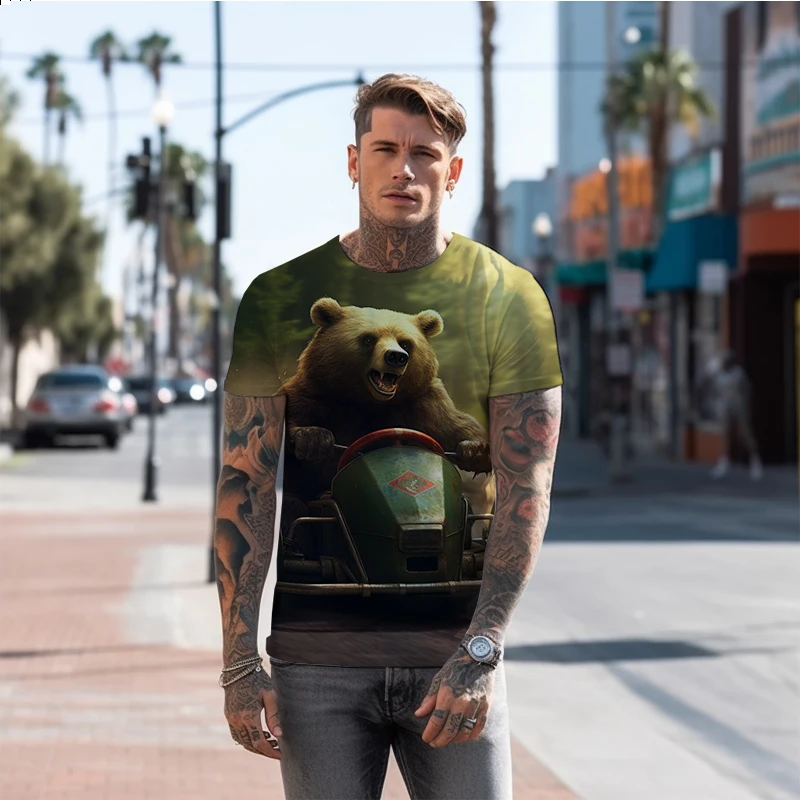 Summer new men's T -shirt Bear driving a kart 3D printed men's T -shirt casual men's T -shirt fashion trend men's T -shirt