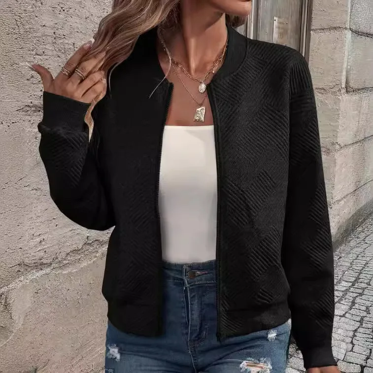 سترة نسائية خريفية محبوكة بأكمام طويلة وسحاب مزخرفة بلون سادة سترة للنساء