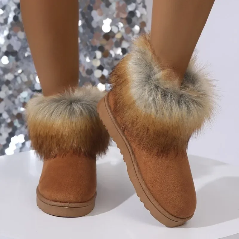 

2025 Winter New Snow Boots Women's Flip Fur and Velvet Warm Short Boots Fashion Round Head Anti Slip Large Cotton Boots