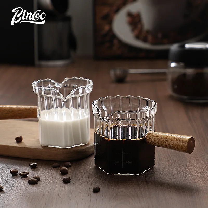 Bincoo Glass Small Milk Cup Double Mouth Wooden Handle Coffee Measuring Cup Pointed Mouth Extraction Espresso Cup with Scale 180