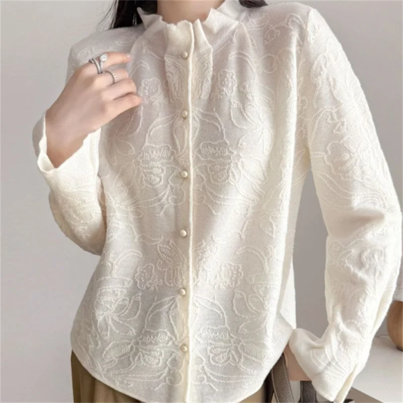 

Корейская женская блузка-рубашка однотонная, простая, свободного кроя, с воротником-стойкой, плиссированная, с рукавами-колокол