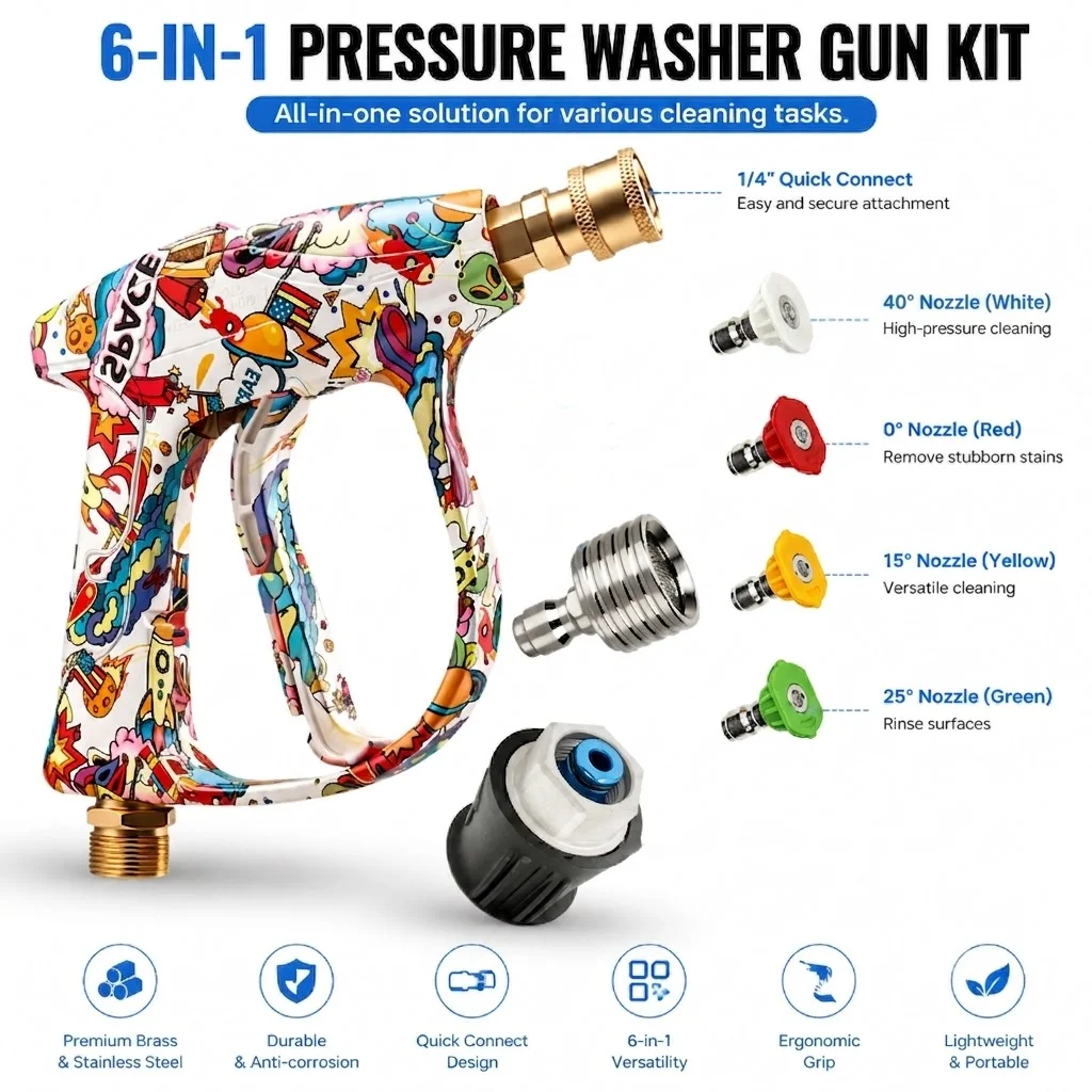 Graffiti Style Pressure Gun with Vibrant Color Design, 4 Spray Tips, Stainless Steel Nozzle & Bosch Adapter for Auto Detailing