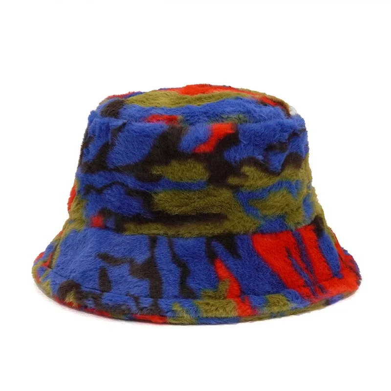 Autumn Winter Faux Fur Bucket Hats Women Girl Camouflage Striped Warm Soft Velvet Fluffy Fisherman Hat Ladies Outdoor Panama