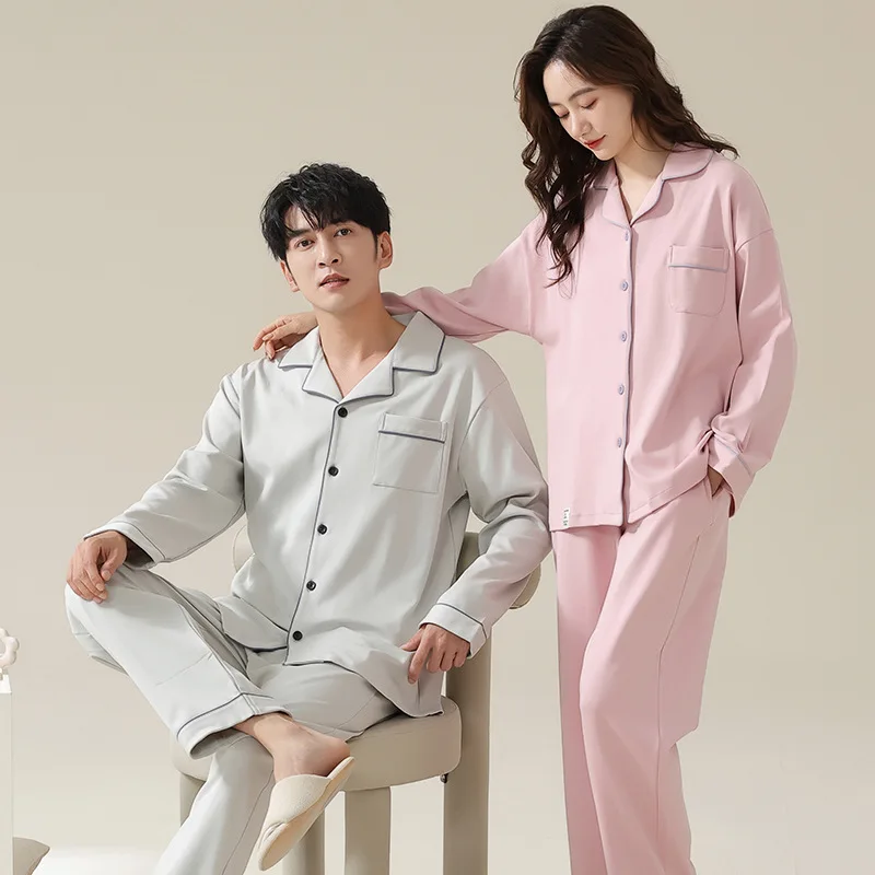 Ensembles de pyjamas en coton pour couple, cardigan pour jeunes étudiants, vêtements de nuit monochromes pour hommes et femmes, vêtements de maison pour documents, style ins, printemps et automne