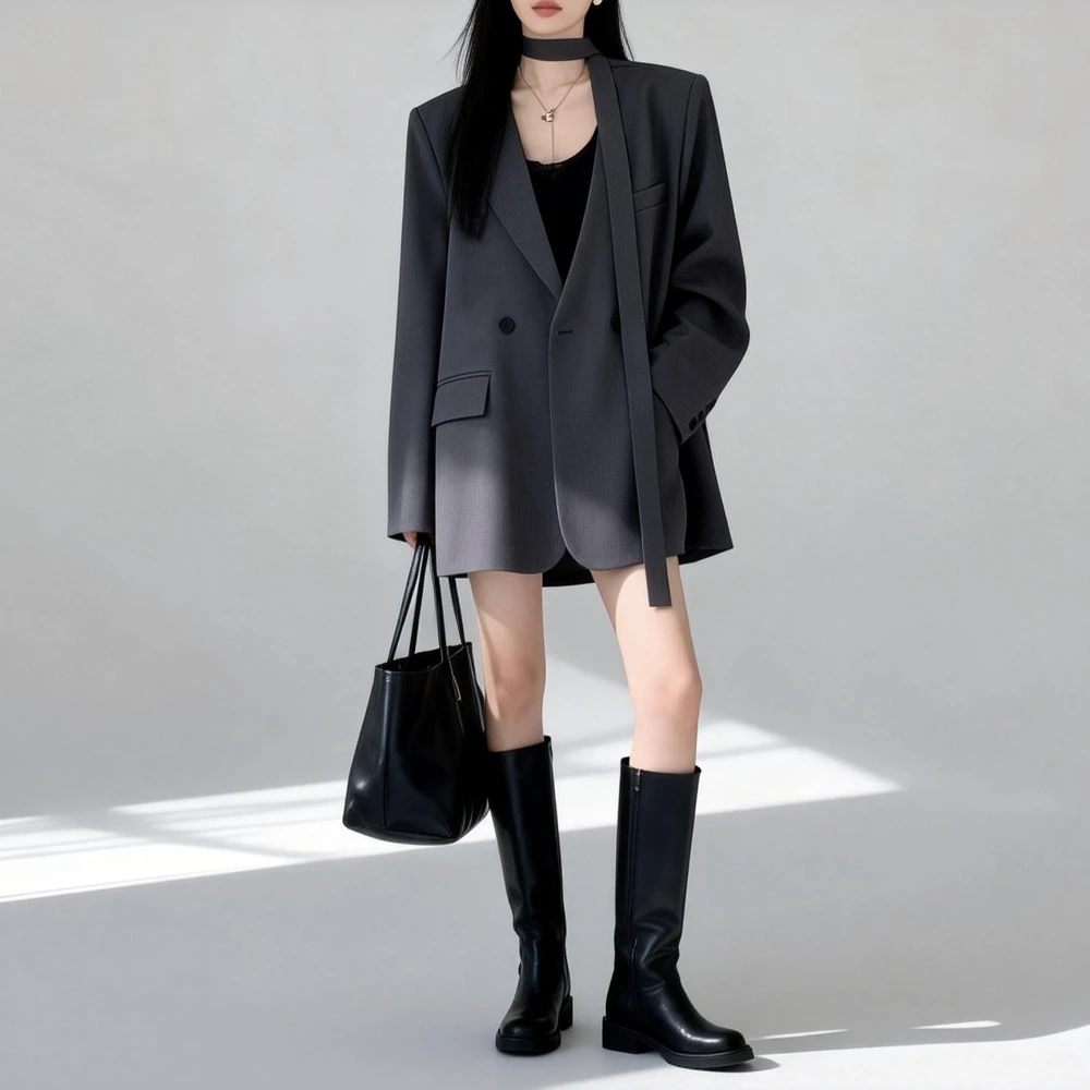 Women Premium Temperament V-neck Oversized Blazer Double Breasted Long Sleeve Suit Jacket with Neck Strap