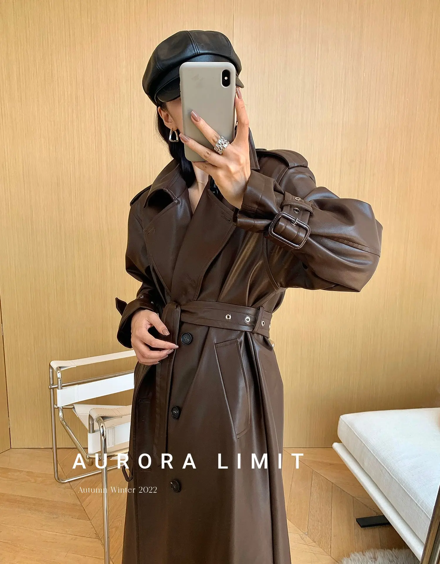Lautaro Spring Autumn Long Loose Brown Pu Leather Trench Coat for Women Belt Double Breasted American and European Fashion 2023