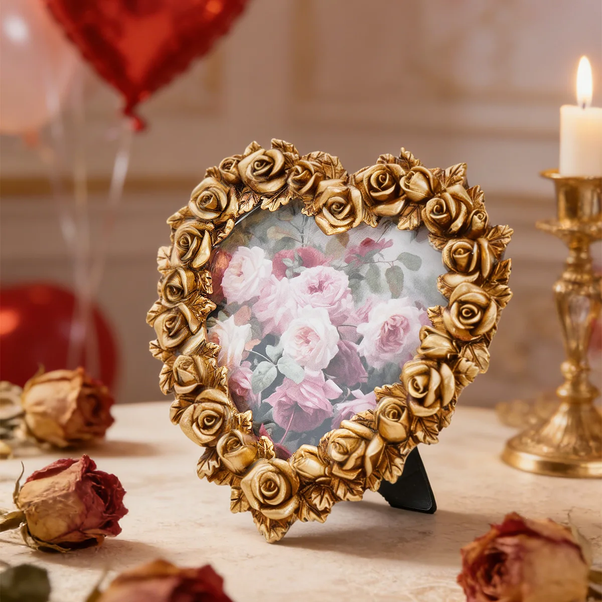 1PC, Valentine's Day Gold Rose Gold-Edge Resin Decorative Photo Frame, Suitable for Desk Decor and Photography Props