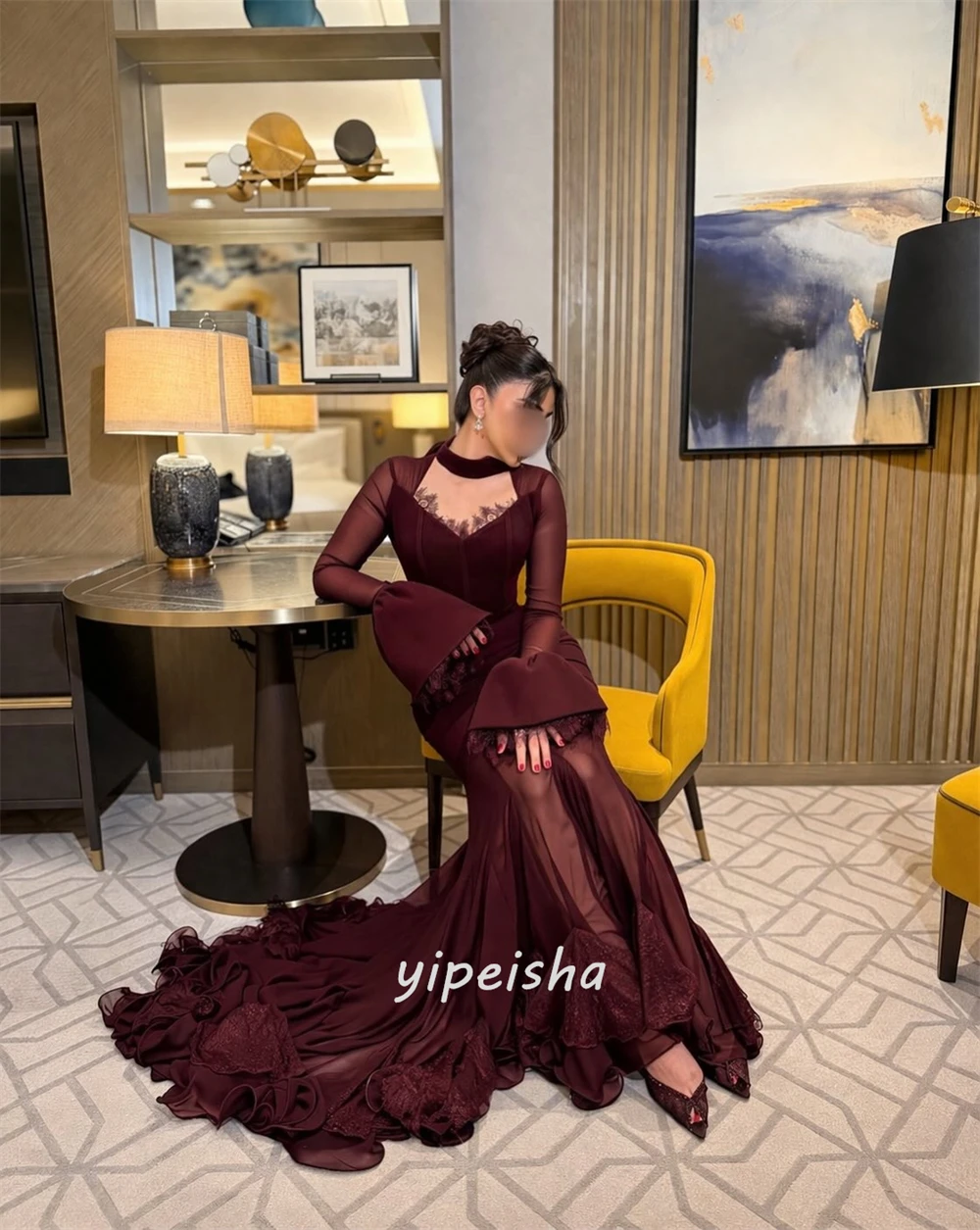 Op maat gemaakte hoogwaardige damesjurken van kant met gerimpelde zeemeermin-stijl, moderne stijl, sexy hoge hals, lange mouwen, gala jurken