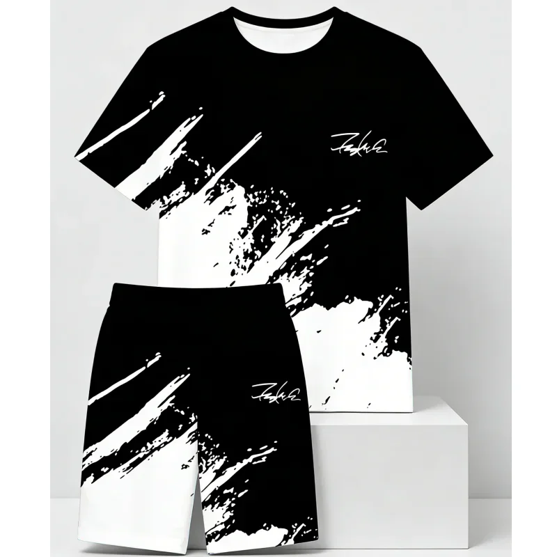 

Fashion Street Style T-shirt Sets Color Blocking 3D Print Tee Outfits Summer Casual 2PCS Trend Hip Hop Men's Clothing Daily Wear