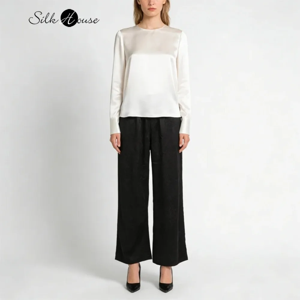 

Spring 100% Natural Mulberry Silk Jacquard GuanLe Satin Trousers, Women's Black Flower Bud Waist Pocket Design Wide Leg Pants