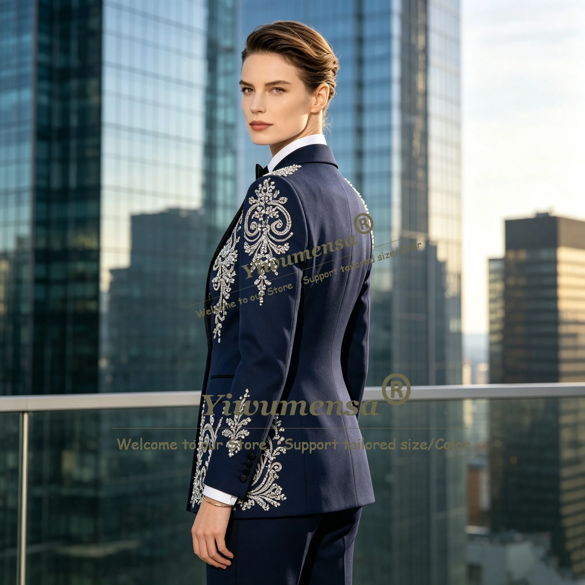 Exclusive Rhinestones Beaded Women Tuxedo Suit 2 Piece Sets Double Breasted Jacket Trousers Slim Fit Bride's Mother Dress Luxury