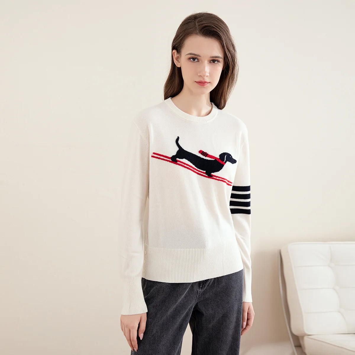 TC-186 High quality women's 100% cashmere crew neck long sleeve sweater