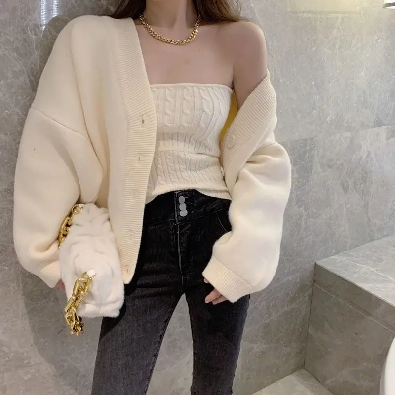 Strapless Vest Twists Sweater Korean Fashion Sets Winter Clothes Women V Neck Cardigan Mujer Pull Femme Black Jacket Sueter